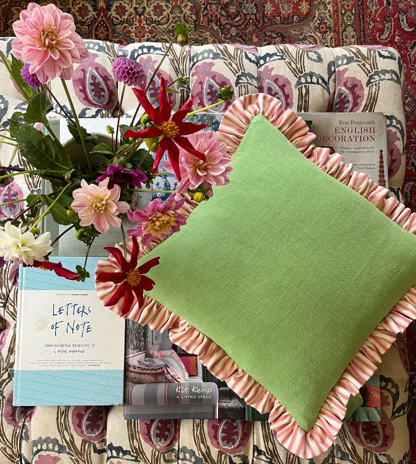 Green Linen x Pink Ticking Ruffle